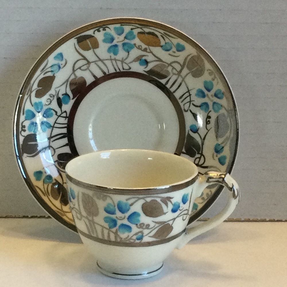 Vintage Empire England Blue Silver Demitasse Floral Teacup and Saucer Set